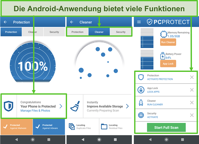 Screenshot der Android-Anwendung von PC Protect mit vielen Funktionen.