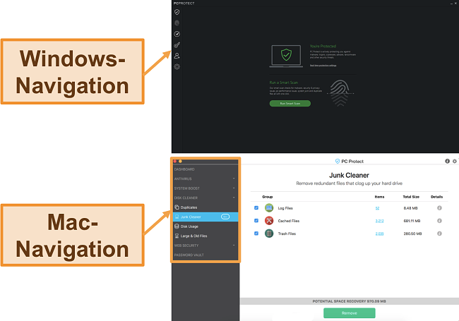 Screenshot des Navigationsmenüs von PC Protect unter Windows und Mac.