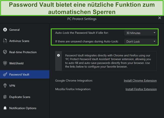 Screenshot der Password Vault-Einstellungen von PC Protect mit automatischer Sperre.