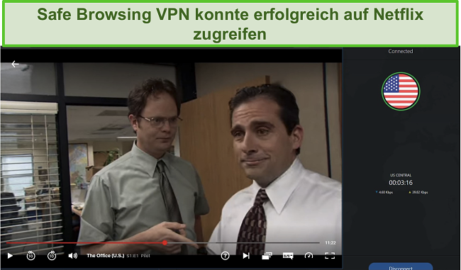 Screenshot des Safe Browsing-VPN von PC Protect unter Umgehung von Geobeschränkungen für den Zugriff auf das US-amerikanische Netflix.