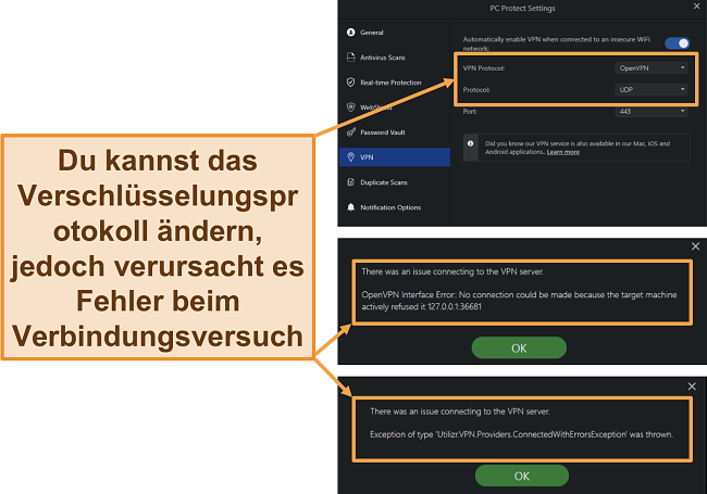 Screenshot der Safe Browsing VPN-Fehler und Verschlüsselungsprotokolle von PC Protect.