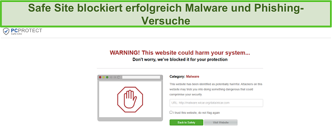 Screenshot der PC Protect Safe Site, die einen Malware-Versuch erfolgreich blockiert.