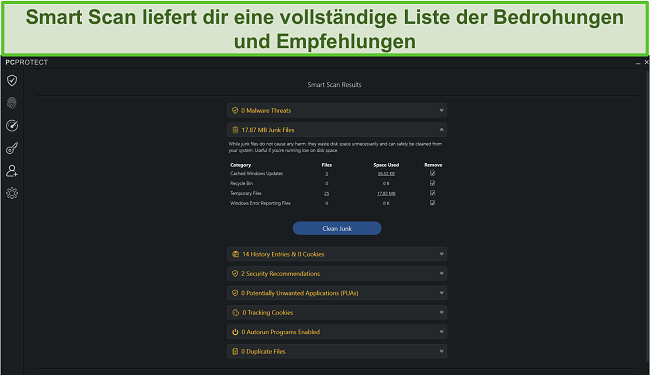 Screenshot von PC Protect nach dem Ausführen von Smart Scan mit einer Liste aller gefundenen Bedrohungen oder Empfehlungen.
