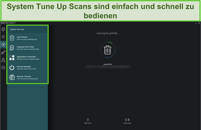 Screenshot der System Tune Up-Liste von PC Protect, mit der Sie Speicherplatz auf der Festplatte freigeben und einen reibungslosen Betrieb Ihres Geräts gewährleisten können.