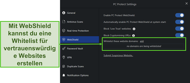 Screenshot der PC Protect Web Shield-Einstellungen, um Sie online zu schützen.