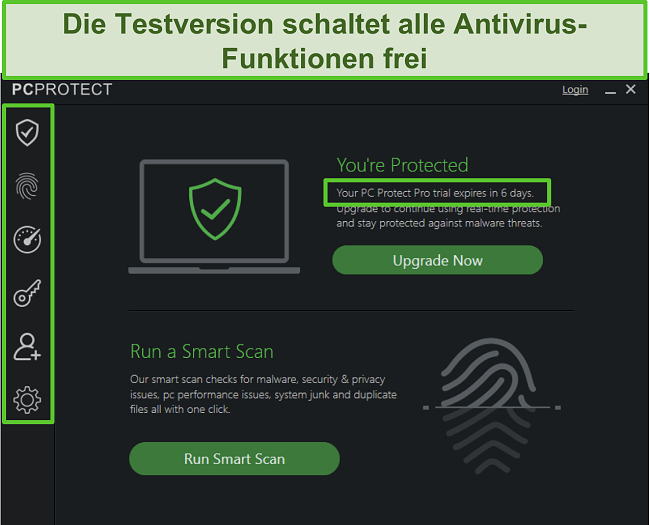 Screenshot der Testversion von PC Protect und der freigeschalteten Funktionen.