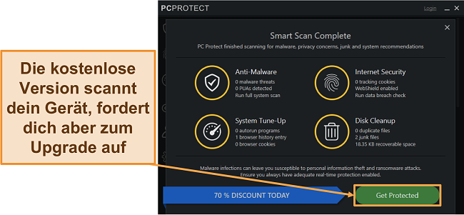 Screenshot der kostenlosen Version von PC Protect, in der ein Scan ausgeführt wird, bevor Sie zum Upgrade aufgefordert werden.