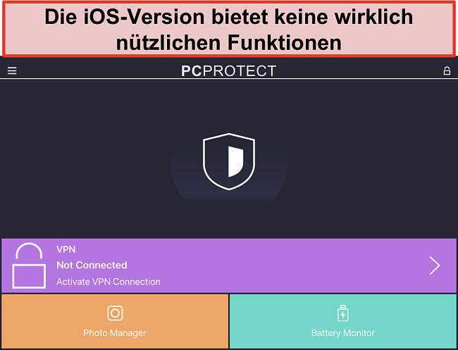 Screenshot der iOS-Anwendung von PC Protect, der keine echten Funktionen fehlen.