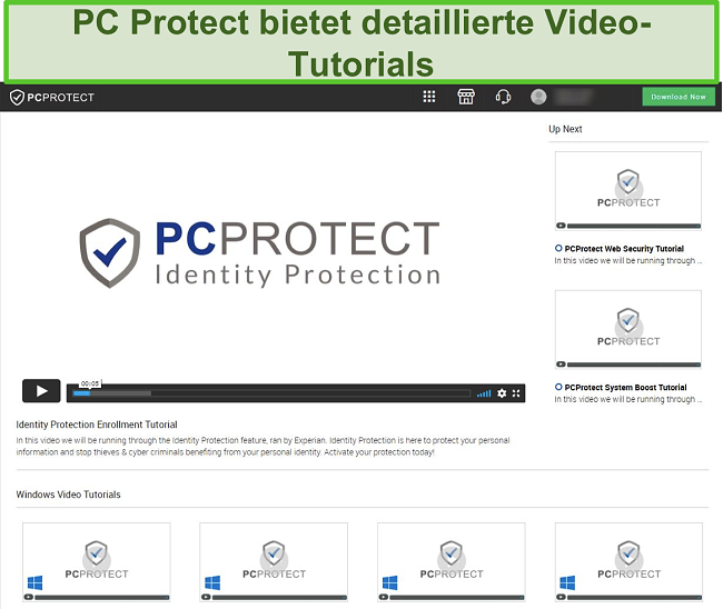 Screenshot der Video-Tutorials von PC Protect, auf die über die Website zugegriffen werden kann.