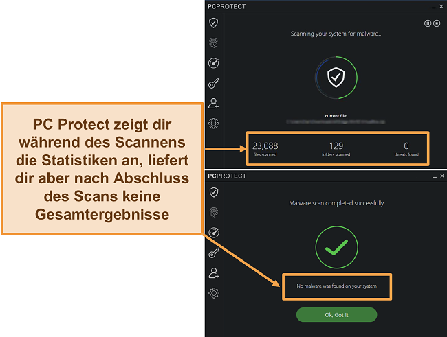 Screenshot von PC Protect, der einen Malware-Scan durchführt, bei dem die Statistiken nur beim Scannen angezeigt werden. Nach Abschluss verschwinden die Ergebnisse.