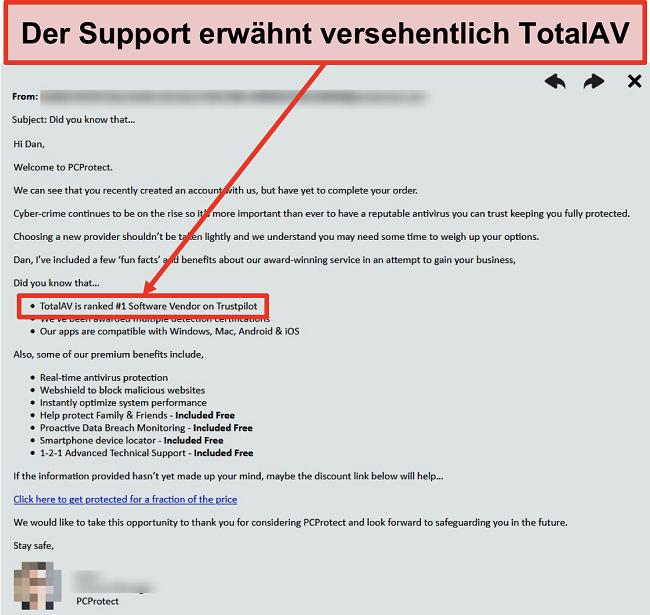 Screenshot des Support-Teams von PC Protect, das versehentlich Total AV als erste Wahl empfohlen hat.