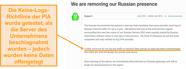 Screenshot der Website von Private Internet Access VPN mit einem Blogbeitrag, der den Grund für den Rückzug von PIA aus Russland beschreibt