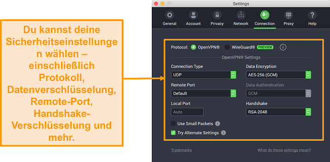 Screenshot von Private Internet Access VPN und seiner App für Mac mit den Anpassungsoptionen der Registerkarte Verbindung