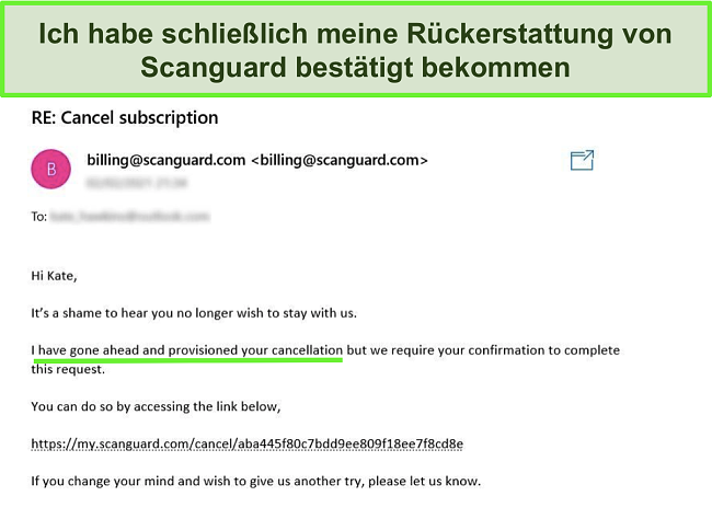 Screenshot eines Benutzers, der eine Rückerstattung mit der Geld-zurück-Garantie des Scanguard-Kundendienstteams beantragt
