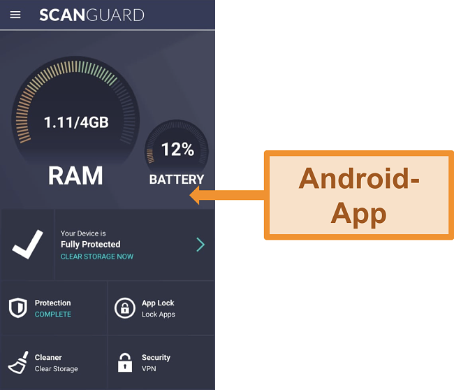 Screenshot der Android-App-Oberfläche von Scanguard.
