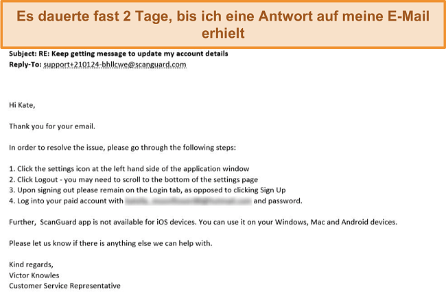 Screenshot der E-Mail-Antwort des Kundensupports von Scanguard.