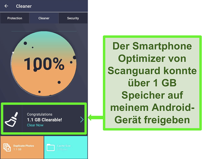 Screenshot der Scanguard Cleaner-Funktion unter Android, mit der mehr als 1 GB doppelte Fotos gelöscht werden.