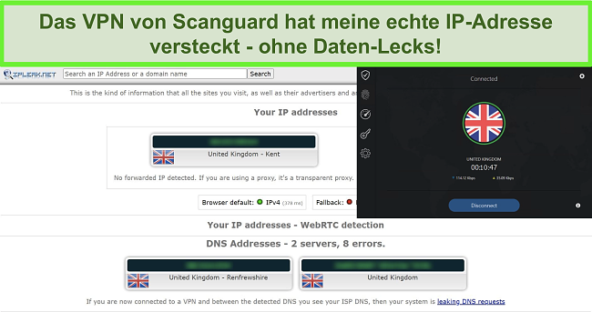 Screenshot des VPN von Scanguard und ein IP-Lecktest ohne Datenlecks.