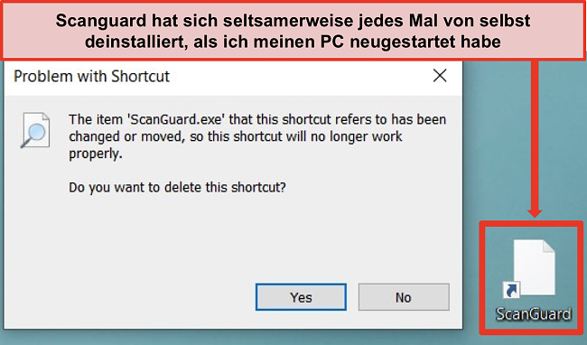 Screenshot von Scanguards defekter Verknüpfung auf einem Windows-PC.