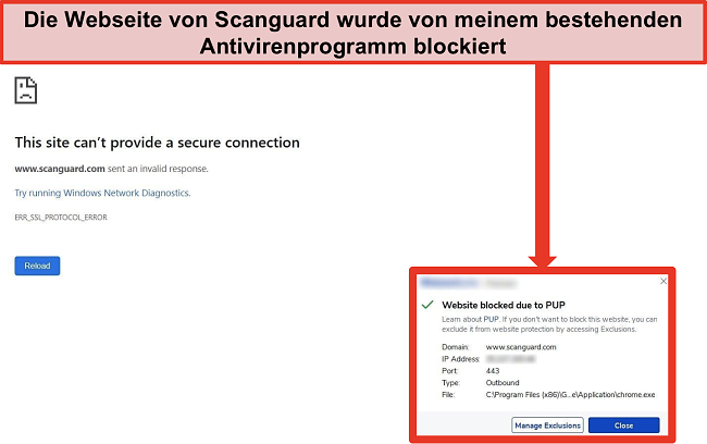 Screenshot von Antivirus, der die Website von Scanguard aufgrund von PUP blockiert.