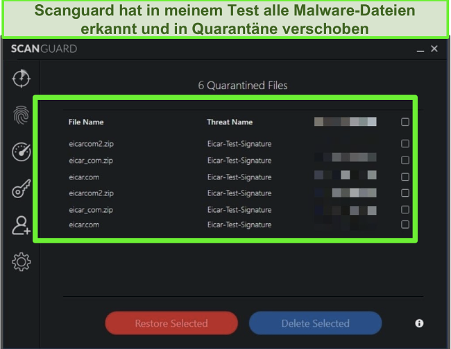 Screenshot der Quarantäne von Scanguard mit mehreren Malware-Testdateien.