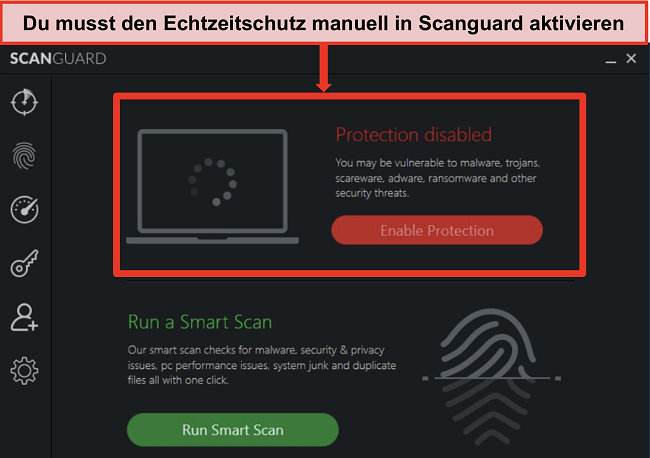 Screenshot der Antiviren-App von Scanguard mit deaktiviertem Echtzeitschutz.