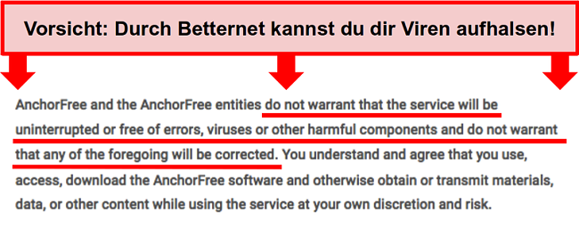 Screenshot der Bedingungen von Betternet, die keinen Schutz vor Malware garantieren