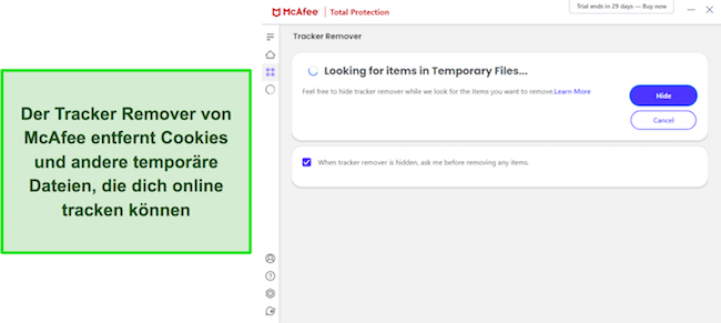 Screenshot, der den Tracker Remover von McAfee bei der Suche nach temporären Dateien zeigt