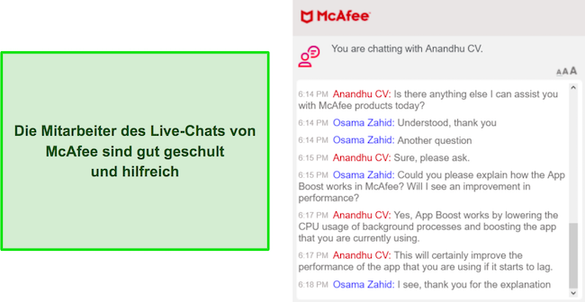 Screenshot eines Gesprächs mit dem Live-Chat-Support von McAfee
