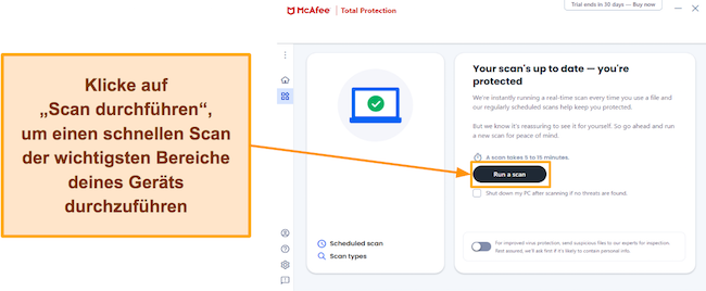 Screenshot, der zeigt, wie der Quick Scan von McAfee gestartet wird