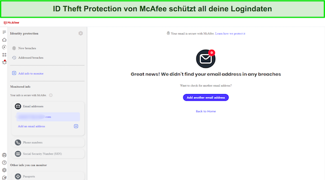 Screenshot, der die Benutzeroberfläche von McAfee zum Schutz vor Identitätsdiebstahl zeigt