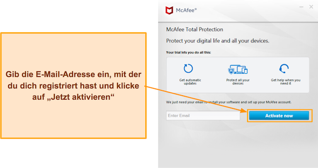 Screenshot, der den Aktivierungsbereich des McAfee-Setups zeigt