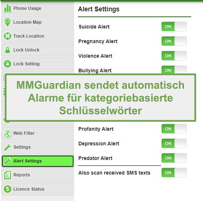 Screenshot von MMGuardian, der automatisch Warnungen für kategoriebasierte Keywords sendet