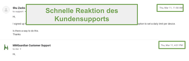 Screenshot der schnellen Antwort des Kundensupports