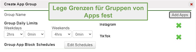 Screenshot zum Festlegen von Grenzwerten für Gruppen von Apps