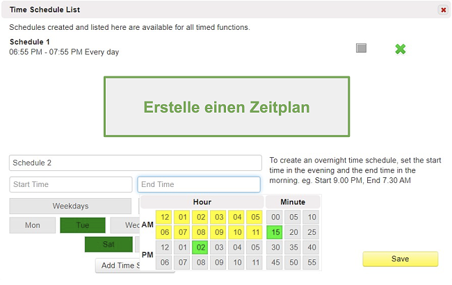 Screenshot der Zeitplanliste