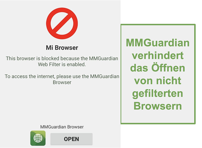 Screenshot von MMGuardian verhindert das Öffnen nicht gefilterter Browser