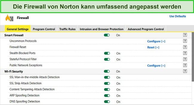 Screenshot der Firewall-Einstellungen von Norton, der ein hohes Maß an Anpassbarkeit zeigt.