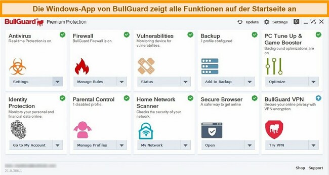 Screenshot der Hauptoberfläche von BullGuard, wie sie unter Windows angezeigt wird.