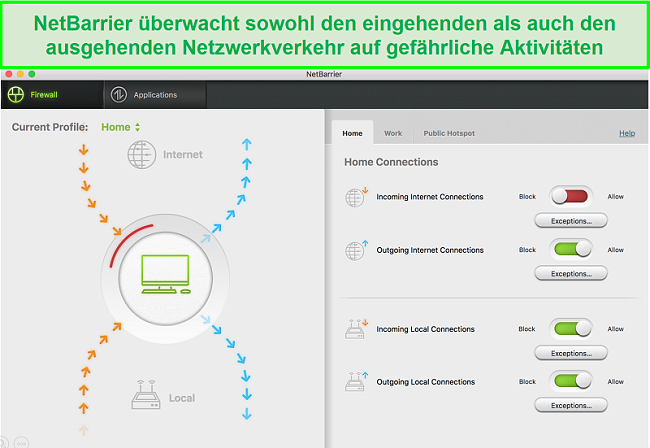 Screenshot der Intego NetBarrier-Benutzeroberfläche zum Schutz des eingehenden und ausgehenden Netzwerkverkehrs