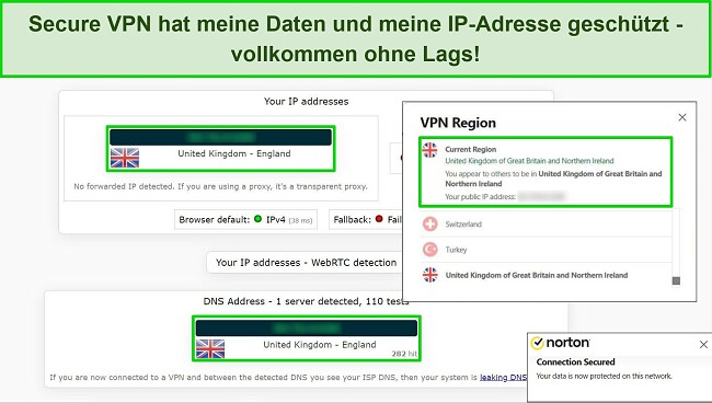 Screenshot von Nortons Secure VPN, das mit einem britischen Server verbunden ist, wobei die Ergebnisse eines IP-Leak-Tests keine Datenlecks zeigen.