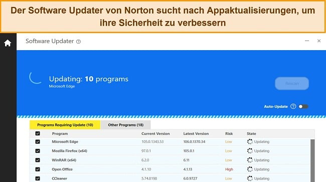 Screenshot von Nortons Software Updater, der 10 Programme zum Schutz vor App-Schwachstellen aktualisiert.