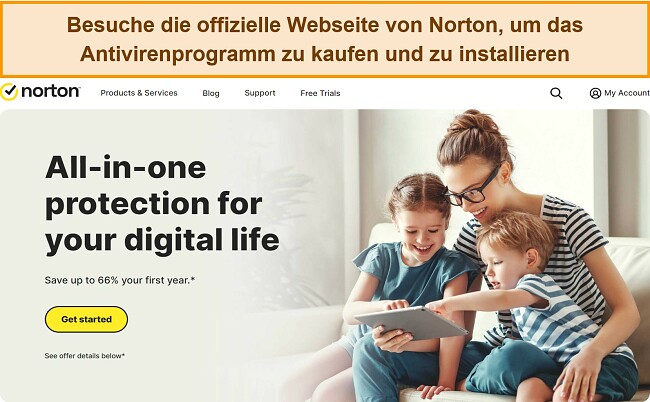 Screenshot der offiziellen Homepage der Norton-Website.
