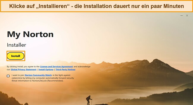 Screenshot des Installationsbildschirms von Norton mit Hervorhebung der Installationsschaltfläche.