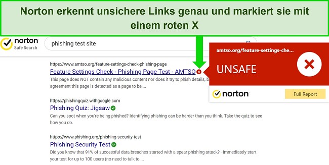 Screenshot der Safe Search-Browsererweiterung von Norton, die sichere und unsichere URLs genau erkennt