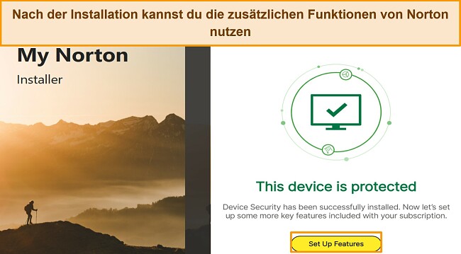 Screenshot der Benutzeroberfläche von Norton nach Abschluss der Installation, mit einer Hervorhebung, die sich auf die Schaltfläche 