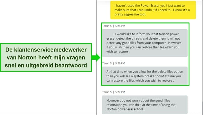 Screenshot van de live chat-agent van Norton die een vraag over de Power Eraser-tool beantwoordt.