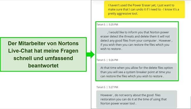 Screenshot des Live-Chat-Agenten von Norton, der eine Frage zum Power Eraser-Tool beantwortet.