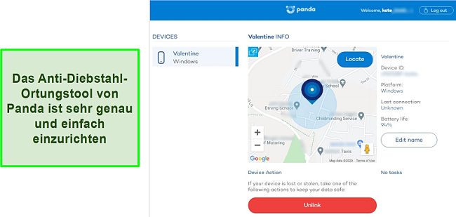 Screenshot von Pandas Anti-Diebstahl-Ortungstool, das den genauen Standort eines geschützten Geräts erkennt