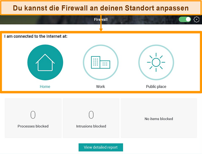 Screenshot der Firewall-Funktion von Panda mit verschiedenen hervorgehobenen Sicherheitsstufen